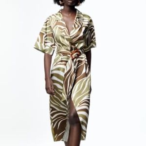 NWT ZARA WRAP LOOK ANIMAL PRINT MIDI DRESS GREEN S